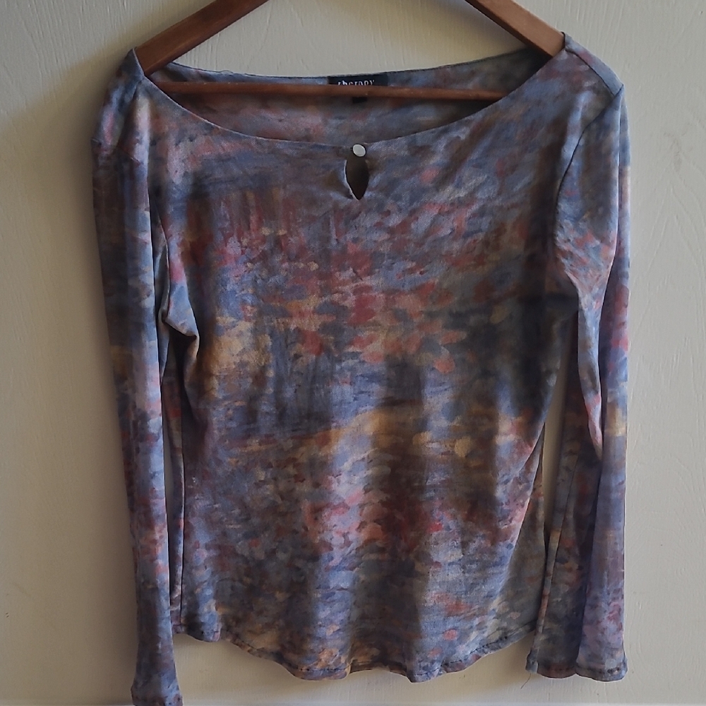 Y2K Therapy Mesh Watercolor Abstract Top /Vintage Keyhole Long-sleeve Shirt Sz M